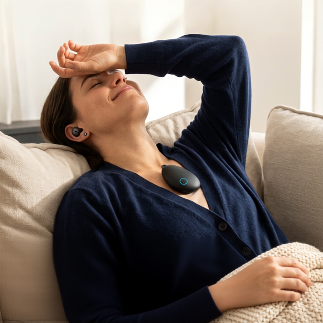 Person relaxing with the Sensate device resting on their chest